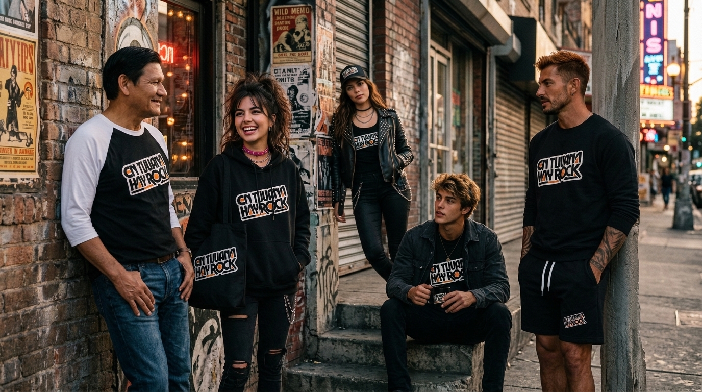 Personas mostrando ropa y accesorios de En Tijuana Hay Rock